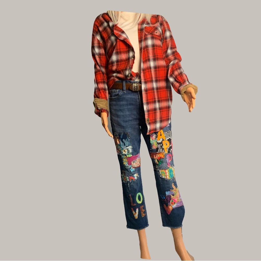 Colorful Upcycled Patchwork and Embellished Women's Denim Jean - Picture 6 of 13